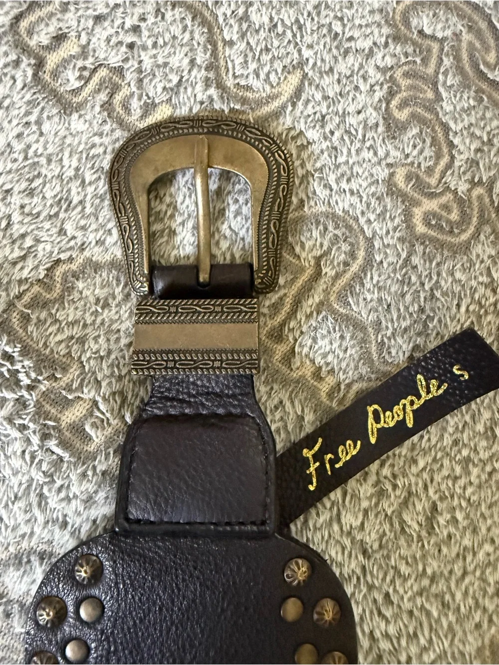 Free People Black Leather Studded Western Belt with Antiqued Gold Buckle